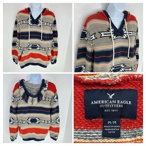 American Eagle‎ Aztec Hooded Sweater Womens Medium 100% Cotton Boho Southwestern